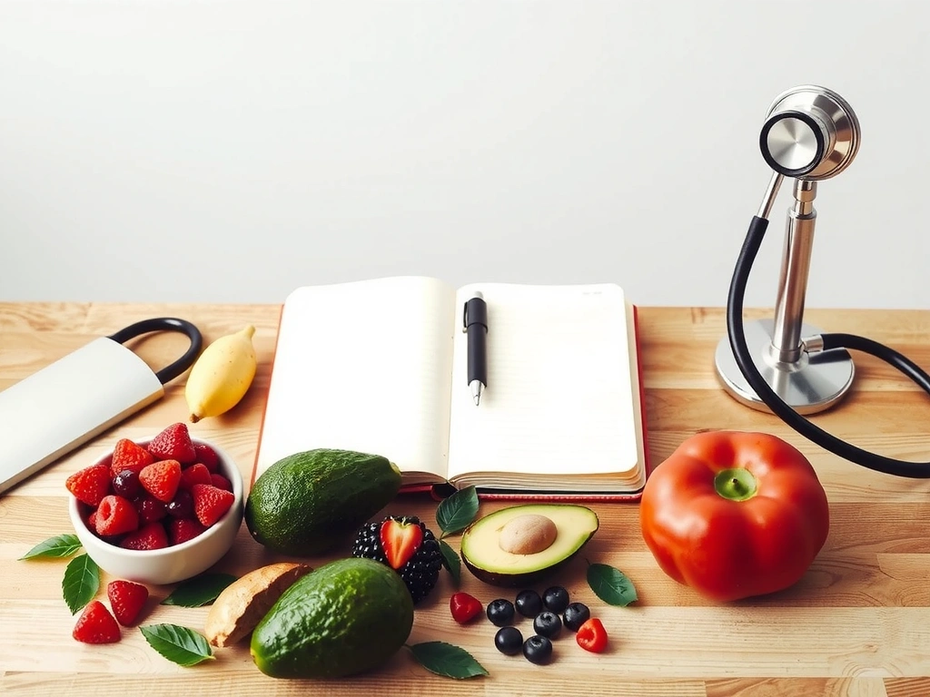 Portrait des Ernährungsberaters bei der Arbeit mit Notizbuch und Lebensmitteln